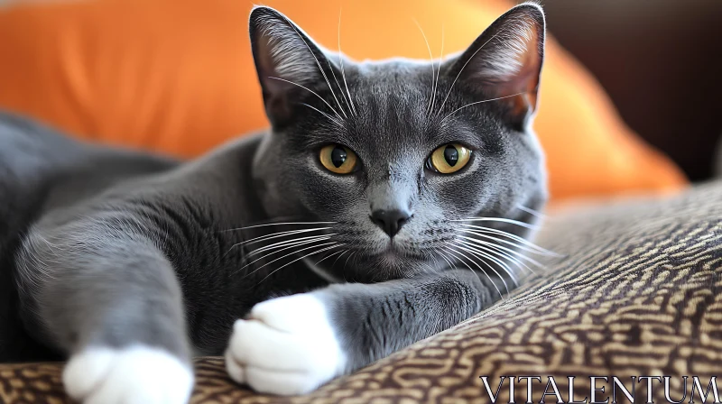 Grey Cat Resting on Patterned Cushion