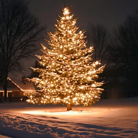 Festive Christmas Tree Lit Up in Snow