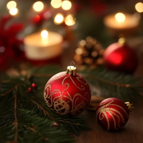Christmas Decor with Ornaments and Candlelight