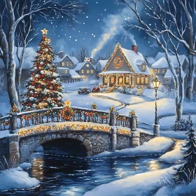 Festive Winter Night in a Snow-covered Village