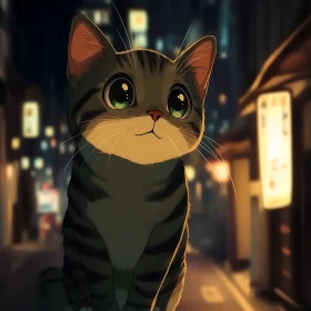 Expressive Green-Eyed Animated Cat in Urban Night Scene