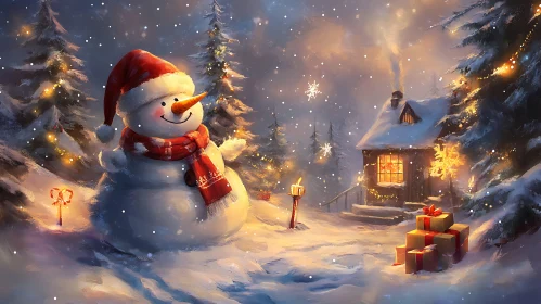 Snowy Christmas Cabin with Snowman