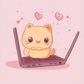 Charming Cat Animation with Laptop and Hearts