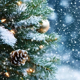 Festive Pine Tree Branch in Winter Wonderland