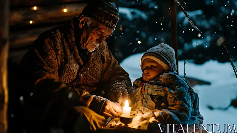 Winter Moment: Grandfather and Child Sharing Candlelight