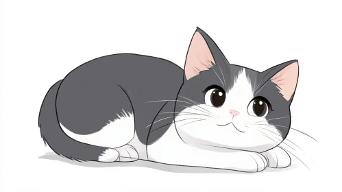 Cute Cartoon Gray-and-White Kitten