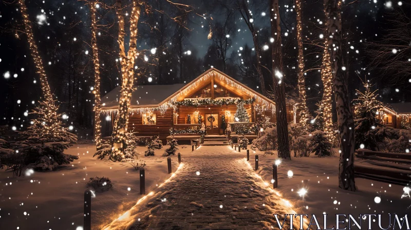 Festive Winter Cabin Amidst Falling Snow