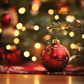 Festive Red Christmas Ornament with Golden Designs