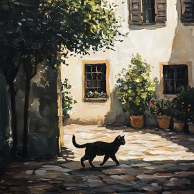 Black Cat in a Sunlit Courtyard