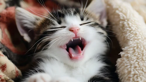 Cute Yawning Kitten Snuggled in Warm Blankets