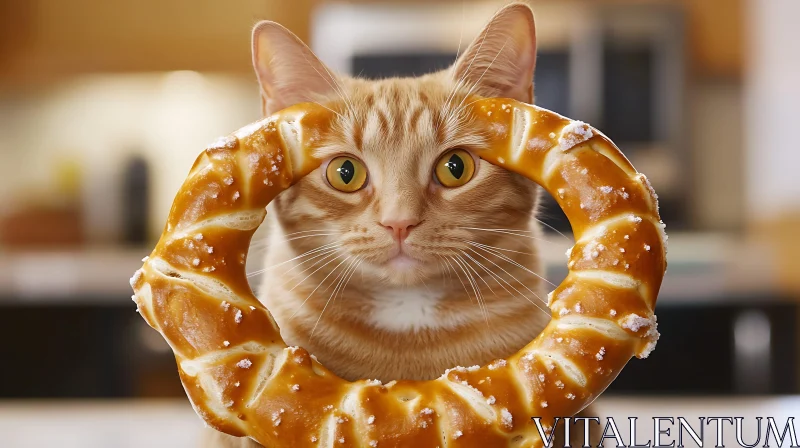 Cute Cat with Pretzel in Kitchen Setting AI Image