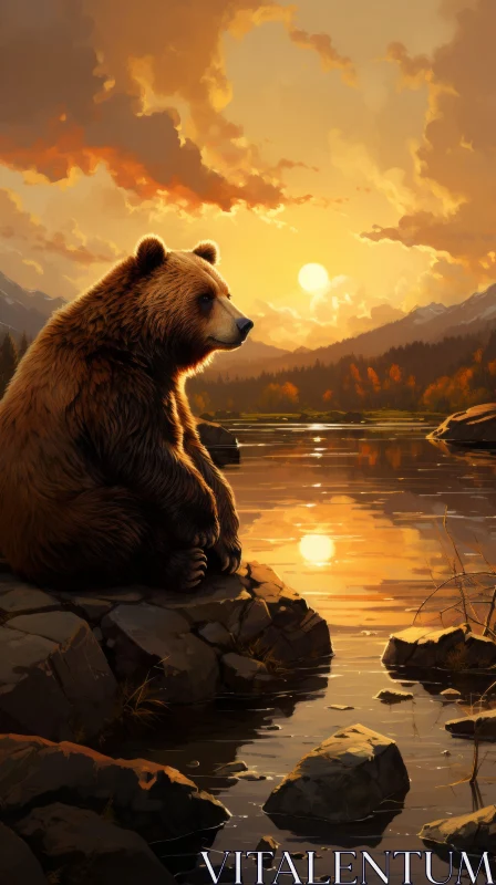 Brown Bear at Sunset: A Detailed and Romantic Illustration AI Image