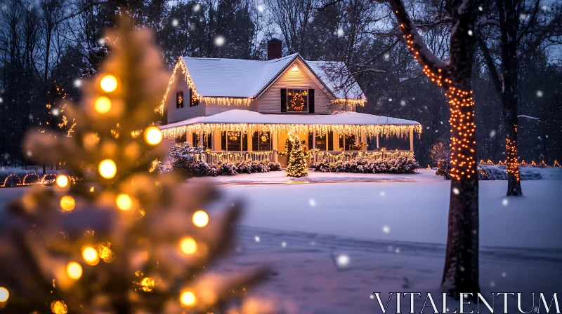 Festively Decorated House on a Snowy Night AI Image