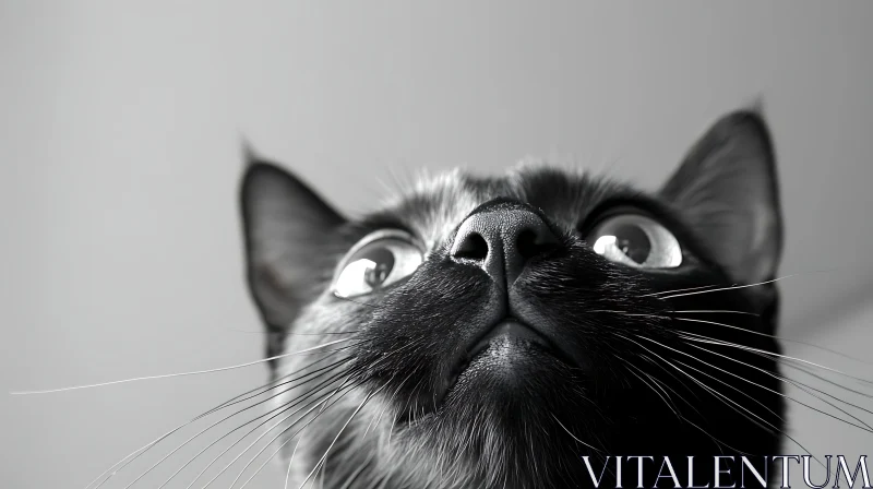Black Cat's Upward Gaze in Monochrome