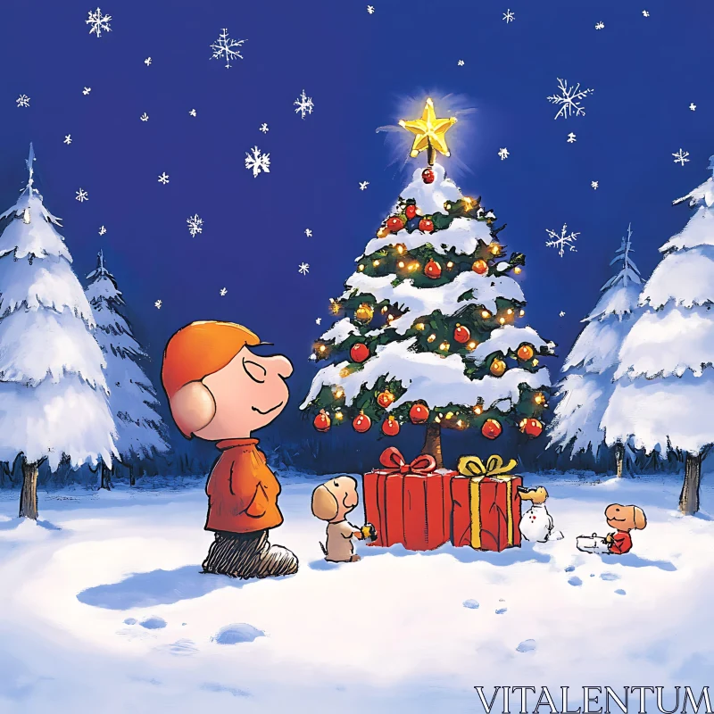 Festive Holiday Scene with Cartoon Character and Christmas Tree