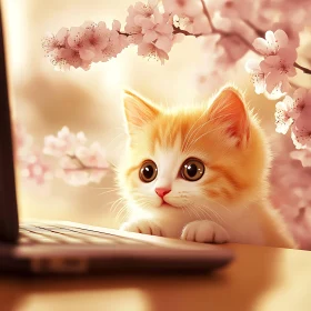 Cute Kitten and Cherry Blossoms