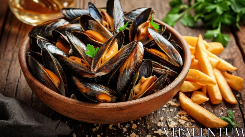 Delicious Food Photography: Bowl of Mussels with French Fries AI Image