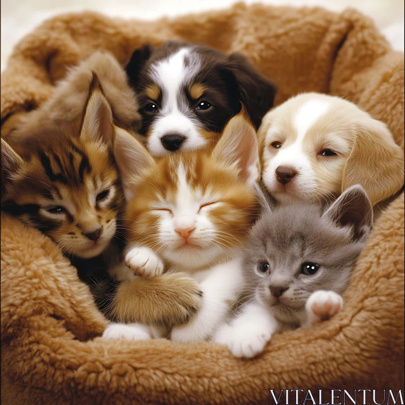 Cute Kittens and Puppies in a Cozy Blanket