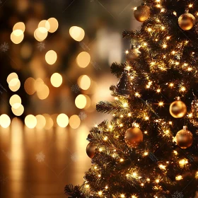 Christmas Tree with Gold Decorations and Bokeh Lights