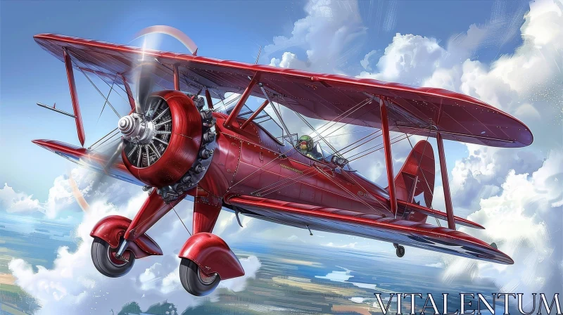 AI ART Red Biplane Flying in the Blue Sky