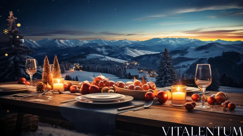 Romantic Christmas Table Set on Snow-Covered Mountain Landscape AI Image