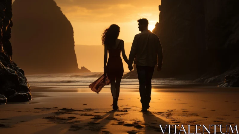Romantic Sunset Beach Walk - Captivating Silhouette AI Image