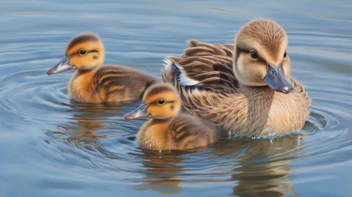 Tranquil Nature: Mother Duck and Ducklings in Lake