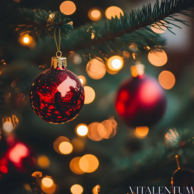 Red Christmas Ornament on Tree with Warm Lighting AI Image