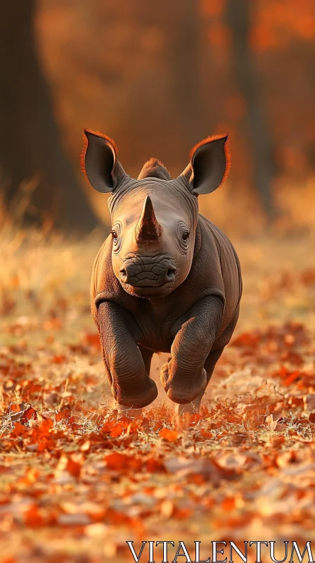 Baby Rhino Running Through Leaves AI Image