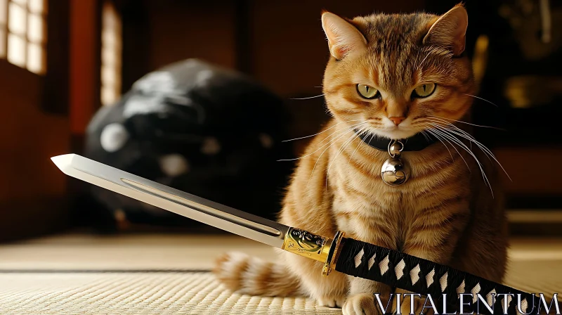 AI ART Samurai Tabby Cat with Katana in Japanese Setting