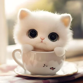 Cute Fluffy Kitten Peeking from Teacup