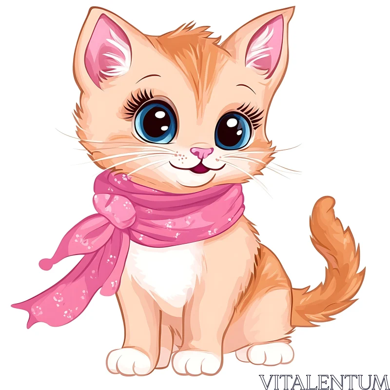 Cute Cartoon Kitty Wearing a Pink Scarf AI Image