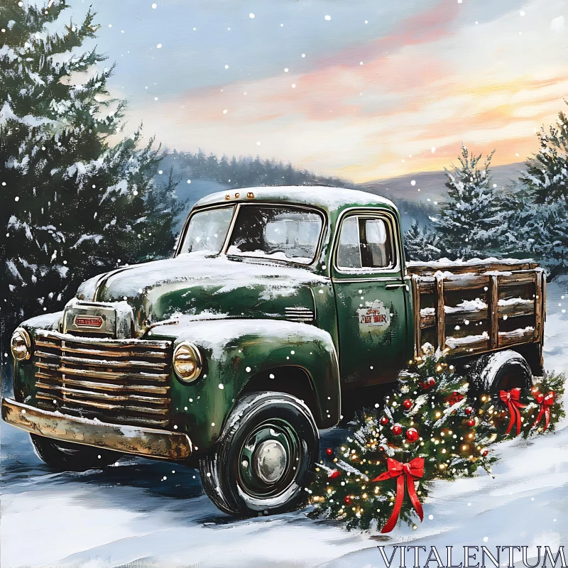 AI ART Vintage Christmas Truck in Winter Wonderland