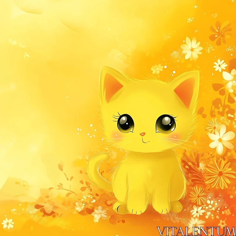 Charming Yellow Kitten Surrounded by Flowers AI Image