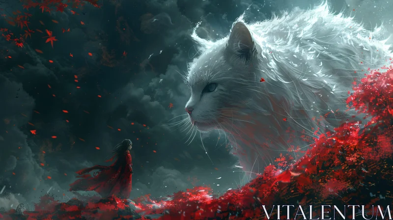 Majestic Giant Cat and Mystical Woman AI Image