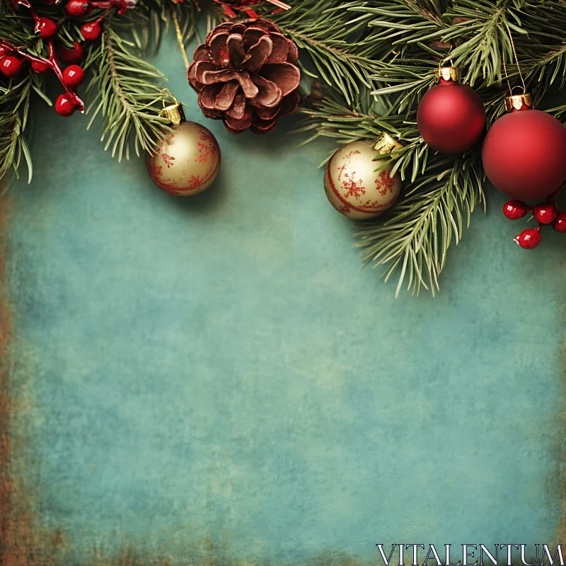 Christmas Greenery and Ornaments on Teal Background AI Image