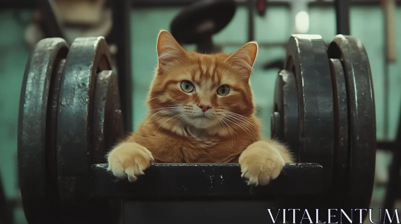 Feline Fitness Scene with Ginger Cat and Weights AI Image