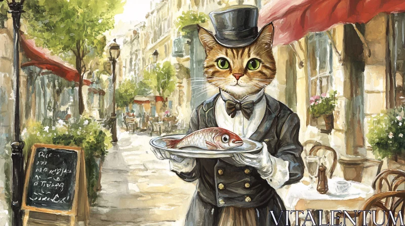 Feline Waiter with Fish on Quaint Street AI Image