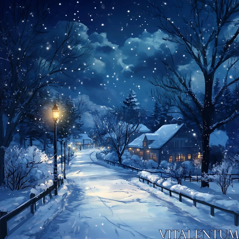 Serene Snowy Night with Cottages and Falling Snow AI Image