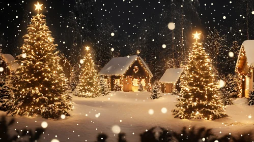 Enchanting Christmas Night with Glowing Trees and Snowfall