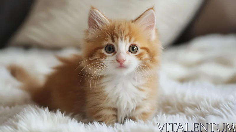 Cute Orange and White Kitten Sitting on Bed AI Image