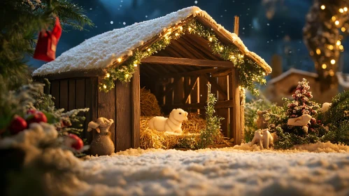 Serene Holiday Nativity Scene in Snow-Covered Barn