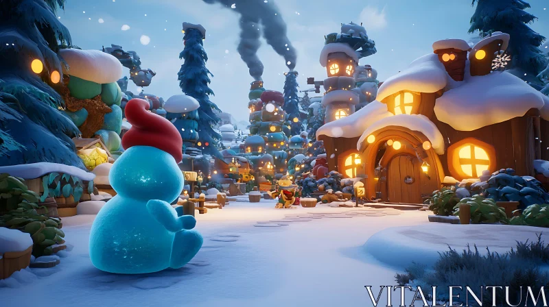 Enchanting Snowy Village with Snowman AI Image