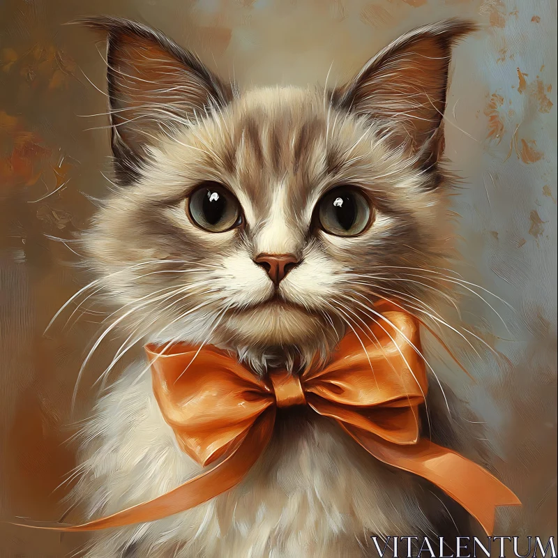 Charming Feline with Vibrant Orange Bow - Oil Painting Style AI Image