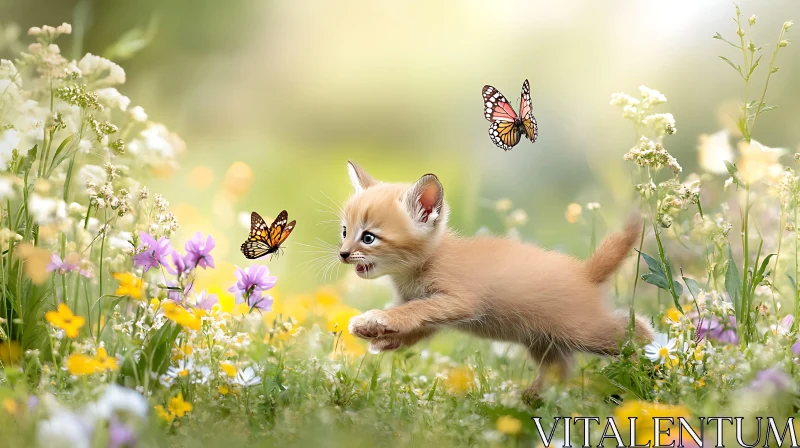 Kitten and Butterflies in a Colorful Flower Field AI Image