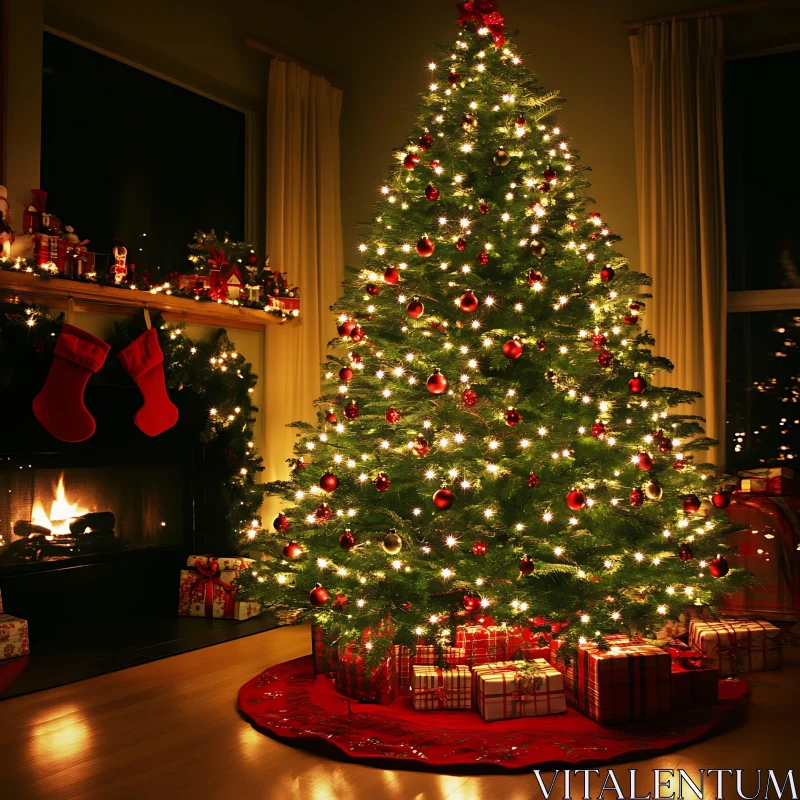 Holiday Decor with Lit Christmas Tree and Presents AI Image