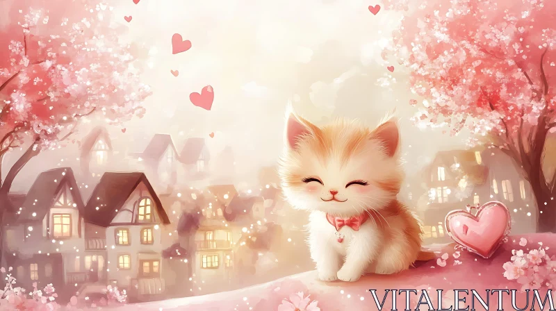 AI ART Charming Kitten in a Romantic Cherry Blossom Scene