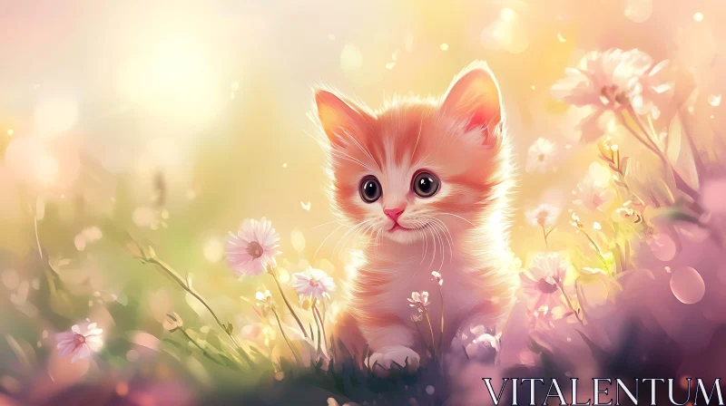 Cute Kitten Amidst Flowers in Sunlight AI Image