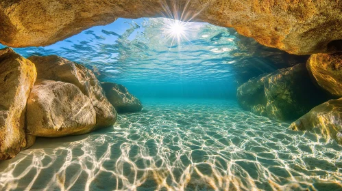 Sunlit Underwater Cave with Clear Water