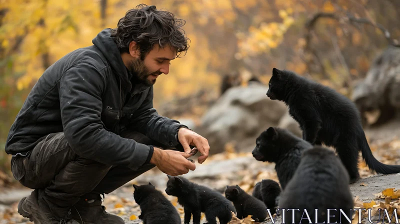 Outdoor Autumn Scene with Man and Black Cats AI Image